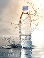 Aufkleber - Bottle of water with splashes on light background. Fresh, clear, and cold water in transparent container. Pure and mineral-rich liquid with clean design. Splash of water on light-colored background.