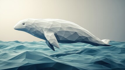 Wall Mural - Stylized 3D dugong navigating through a geometric ocean, with sleek lines and contemporary metallic accents.