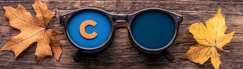 Sticker - Orange Letter C in Blue Sunglasses with Autumn Leaves on Wood