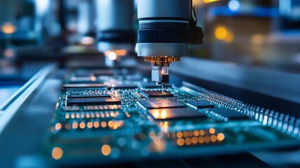 Canvas Print - Automated machinery works on circuit boards in a high-tech manufacturing facility during the day