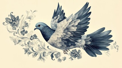 Wall Mural - A pigeon depicted in Art Nouveau style, featuring ornate details and flowing, elegant lines.