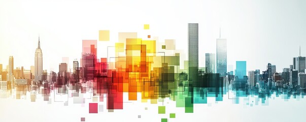 Abstract cityscape with colorful geometric squares on a white background depicting modern urban life.