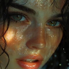 Poster - Close-Up Portrait of a Woman with Wet Skin and Intense Gaze