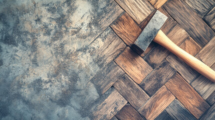 Wall Mural - Laying rustic parquet flooring on a concrete surface using a wooden hammer and planks, captured from a top view with an emphasis on texture and detail