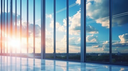 Wall Mural - Modern office building or business center. High-rise window buildings made of glass reflect the clouds and the sunlight. empty street outside  wall modernity civilization. growing up business