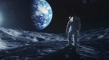 Wall Mural - Astronaut Neil Armstrong, spacewalk on the Moon surface watching planet Earth from space. 
