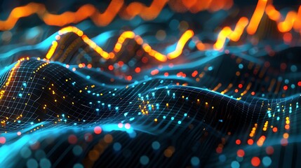 Wall Mural - digital abstract landscape with glowing lights and a dark background, suggesting a digital or techno