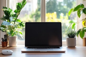 A laptop computer sits on a desk with a window behind it. There are three plants on the desk, two of them are in pots and one is sitting in a vase. The laptop is turned on and the screen is black.