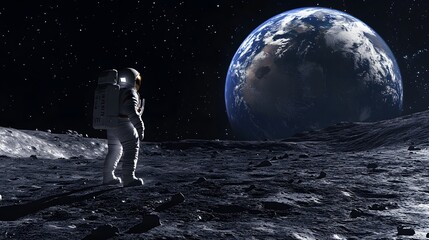 Wall Mural - Astronaut Neil Armstrong, spacewalk on the Moon surface watching planet Earth from space. 