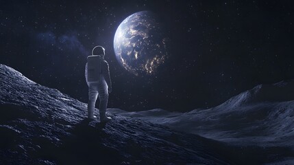 Wall Mural - Astronaut Neil Armstrong, spacewalk on the Moon surface watching planet Earth from space. 