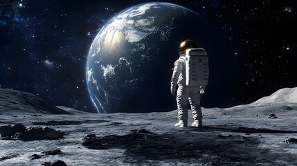 Wall Mural - Astronaut Neil Armstrong, spacewalk on the Moon surface watching planet Earth from space. 