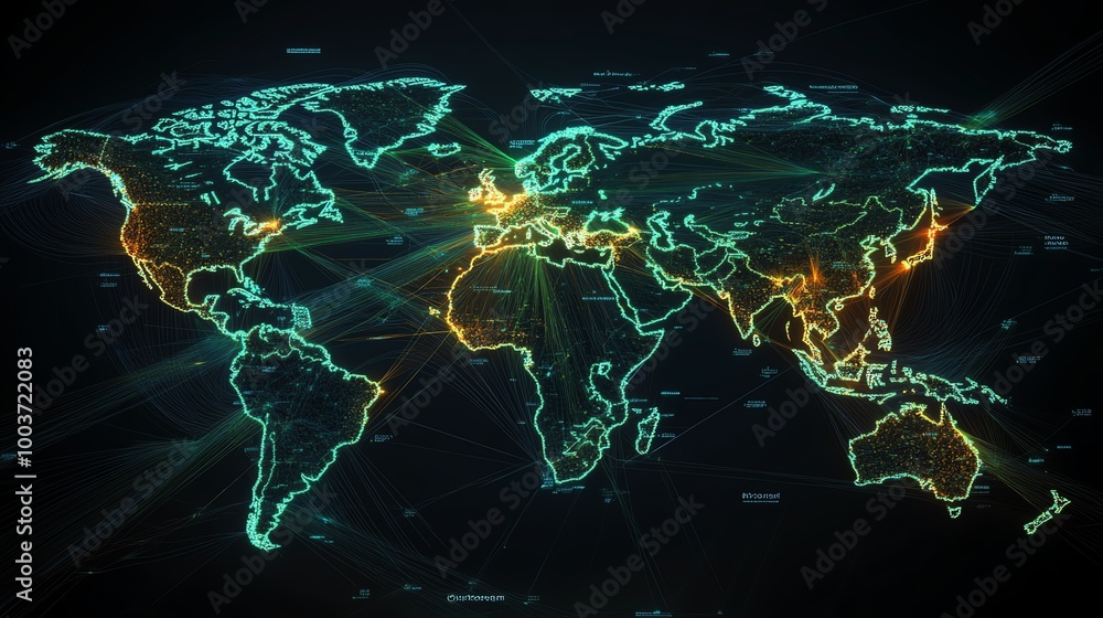 Futuristic world map with glowing lines representing connectivity and ...