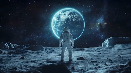 Wall Mural - Astronaut Neil Armstrong, spacewalk on the Moon surface watching planet Earth from space. 