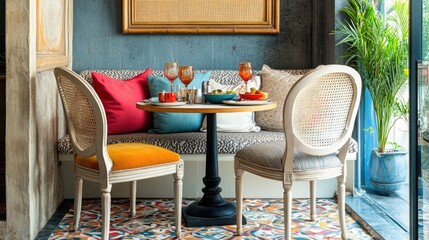 A cozy breakfast nook featuring a blend of antique and modern chairs