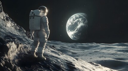 Wall Mural - Astronaut Neil Armstrong, spacewalk on the Moon surface watching planet Earth from space. 