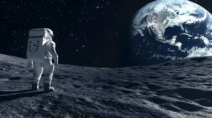 Wall Mural - Astronaut Neil Armstrong, spacewalk on the Moon surface watching planet Earth from space. 