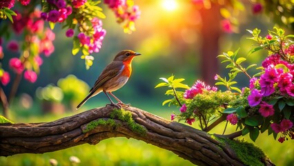 Wall Mural - A serene solitary bird perches on a rustic branch amidst lush green leaves and vibrant flowers, casting a gentle morning shadow on the tree trunk.