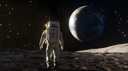 Wall Mural - Astronaut Neil Armstrong, spacewalk on the Moon surface watching planet Earth from space. 