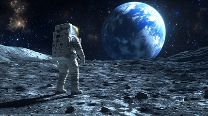 Wall Mural - Astronaut Neil Armstrong, spacewalk on the Moon surface watching planet Earth from space. 