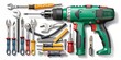 © Sandra - Colorful vector illustration of an electric drill surrounded by hand tools such as wrench, pliers, and screwdrivers on a clean white background with subtle shadows.
