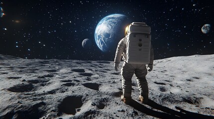 Wall Mural - Astronaut Neil Armstrong, spacewalk on the Moon surface watching planet Earth from space. 