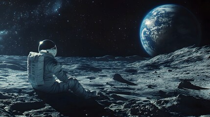 Wall Mural - Astronaut Neil Armstrong, spacewalk on the Moon surface watching planet Earth from space. 