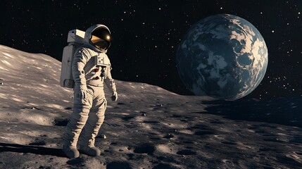 Wall Mural - Astronaut Neil Armstrong, spacewalk on the Moon surface watching planet Earth from space. 