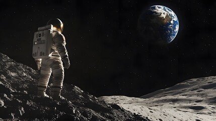 Wall Mural - Astronaut Neil Armstrong, spacewalk on the Moon surface watching planet Earth from space. 