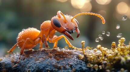 Poster - Macro Photography of an Ant Covered in Dew Drops