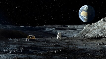 Wall Mural - Astronaut Neil Armstrong, spacewalk on the Moon surface watching planet Earth from space. 