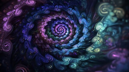 Wall Mural -  A detailed view of a spiraled design in shades of purple, blue, and green, featuring white swirls, against a backdrop of solid black