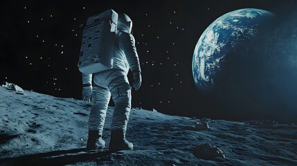 Wall Mural - Astronaut Neil Armstrong, spacewalk on the Moon surface watching planet Earth from space. 
