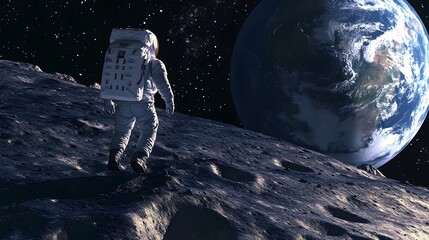 Wall Mural - Astronaut Neil Armstrong, spacewalk on the Moon surface watching planet Earth from space. 