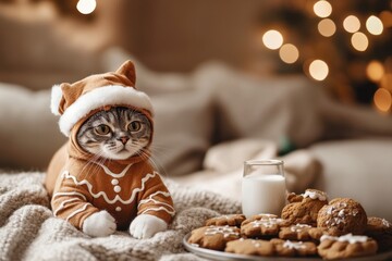 Wall Mural - A festive Scottish Fold cat dressed in a gingerbread outfit, sitting beside a plate of cookies and a glass of milk, surrounded by holiday cheer, cat in christmas costume