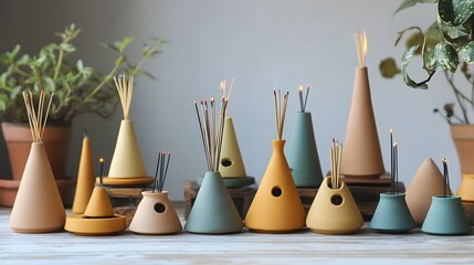 Wall Mural - A collection of handcrafted clay incense holders in various shapes