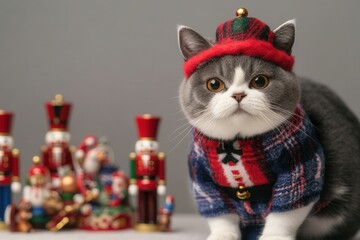 Wall Mural - Adorable British Shorthair cat dressed in festive clothing, surrounded by cheerful holiday decorations, perfect for Christmas-themed content, cat in christmas costume