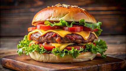 Juicy beef patty topped with crispy bacon, melted cheddar, fresh lettuce, ripe tomato, and creamy mayo on a toasted brioche bun.