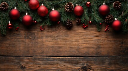 Christmas border, holiday background. Christmas border on wooden background with red ornaments and fir branches 