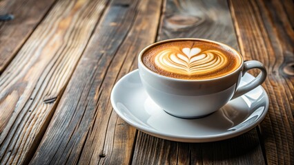 Wall Mural - cozy, close-up, table, drink, morning, macro, cup, breakfast, cafe, white, hot, A close up view of a delicious cappuccino served in a white coffee cup placed on a rustic wooden table