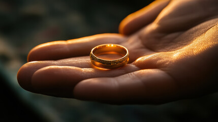 gold ring being placed on finger symbolizes love and commitment, capturing moment of joy and connection. warm light enhances beauty of ring