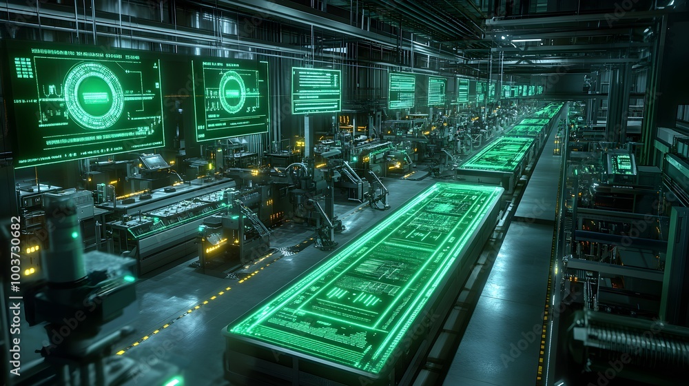 Production Machine Screen Texture Aerial perspective of a food production line, robots ensuring product ...