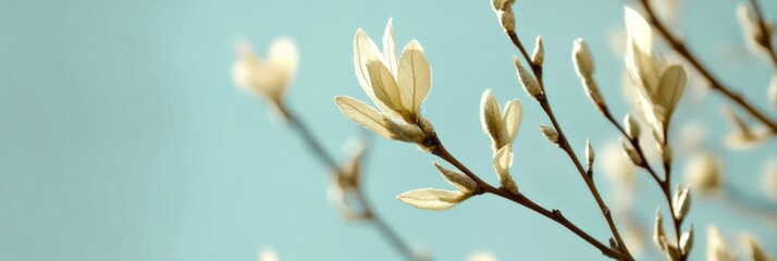 Wall Mural - Delicate white blossoms on slender branches create a serene atmosphere. The soft blue background enhances the beauty of nature. Perfect for floral designs and spring themes. AI