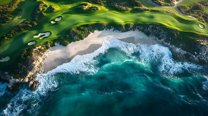 Wall Mural - Ocean Waves Crashing on Sandy Beach Next to Golf Course