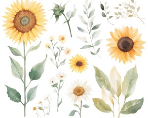 Sticker - Vintage sunflower illustrations, watercolor style, 