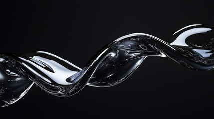 3D render of fluid glass and chrome twisted waves on a black background