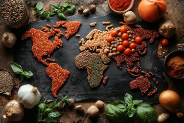 Wall Mural - Top view of world map made of food ingredients and vegetables. Diverse range of global cuisines.