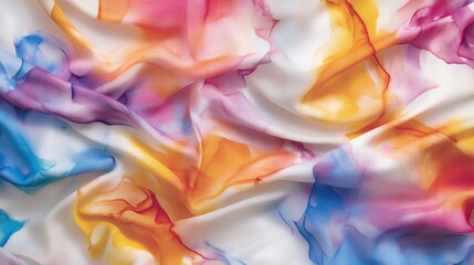 A vibrant tiedye fabric with bold natural shapes and abstract designs