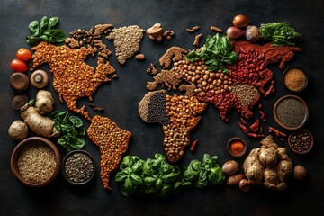 Wall Mural - Top view of world map made of food ingredients and vegetables. Diverse range of global cuisines.