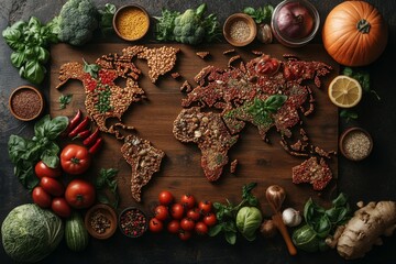 Wall Mural - Top view of world map made of food ingredients and vegetables. Diverse range of global cuisines.