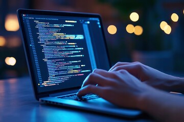 A person coding on their laptop, with the screen showing colorful lines of code and an interactive interface.